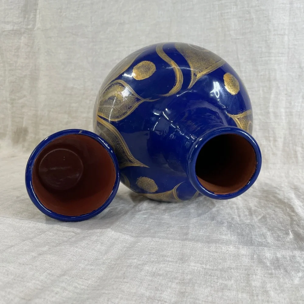 Cobalt Blue Gold Floral Tonala Bedside Water Carafe Ceramic Vase Eclectic Decor